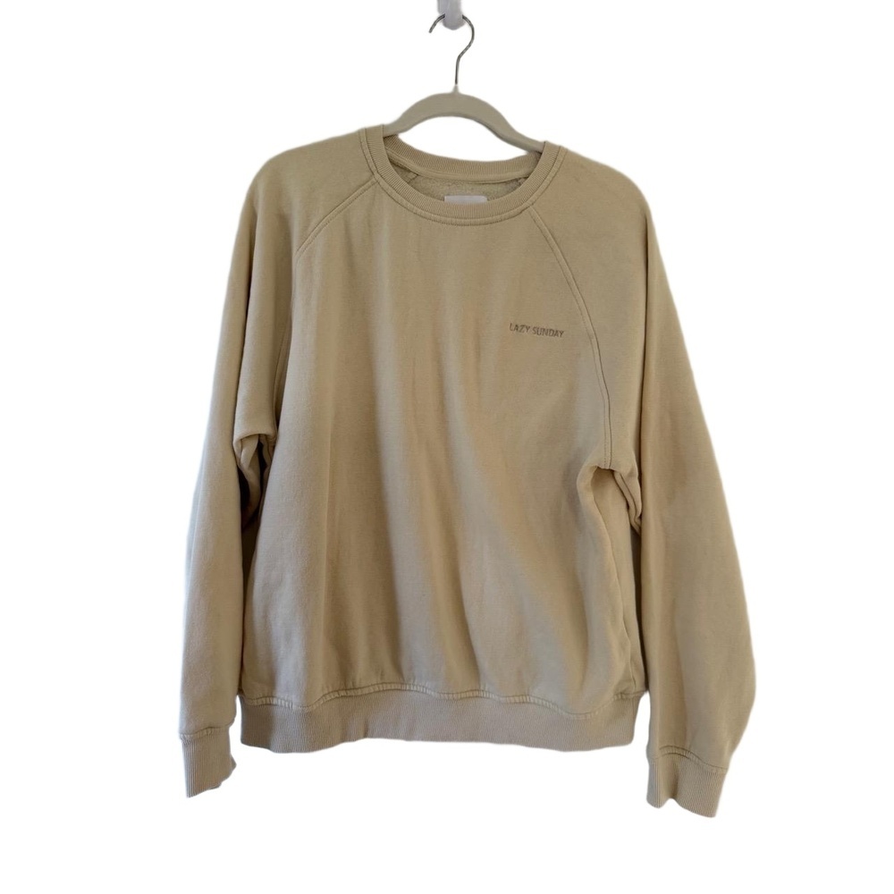 LAZY SUNDAY Sweatshirt Womens Size M Beige Crewneck Raglan Embroidered
